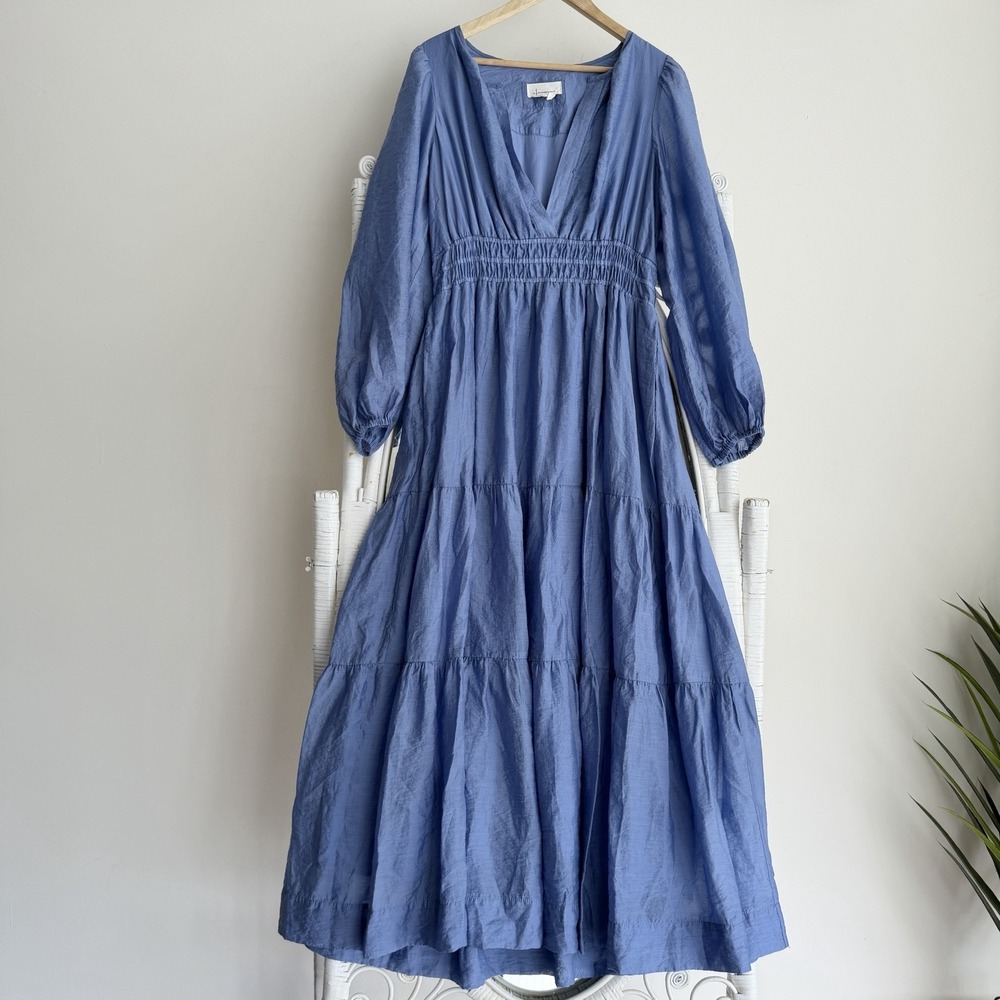 Anthropologie The Somerset Maxi Dress Large Iris Blue Tiered Long Sleeve Boho